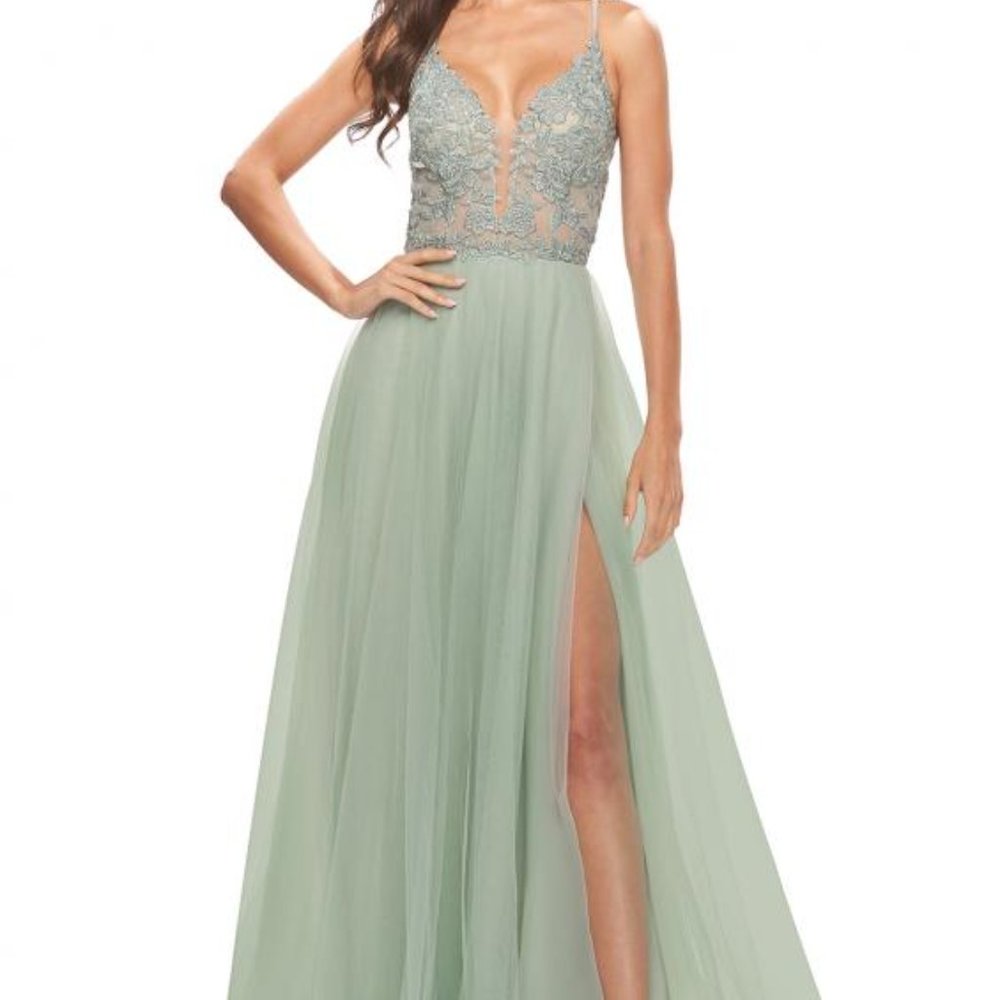 La Femme 31542 Lace Applique A-Line Prom Dress Sage size 2